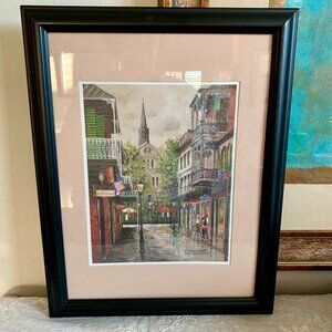 Vintage Artwork by  Knut Englehardt New Orleans French Quarter Framed Print